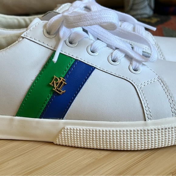 Lauren Ralph Lauren Jason II White Cow Leather Sneakers Blue/Green Stripes US8 - Picture 6 of 15